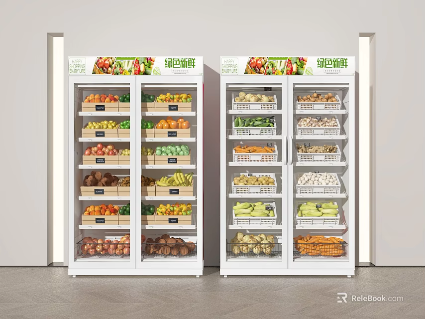 Commercial Display Refrigerators Filled With Fresh Fruits And Vegetables Inside 3d model 