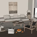 Modern Minimalist Sofa and Coffee Table Set in Neutral Tones Living Room with Decorative Painting
