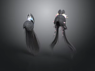Woman Long Hair Back View Traditional Hairstyle With White Pink Accessories 3d model