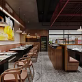 Modern Hot Pot Restaurant Interior With Open Kitchen Dining Tables And Pendant Lights