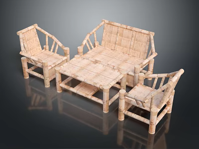 Light Wood Outdoor Table With Rattan Design And Matching Chairs For Patio Use 3d model