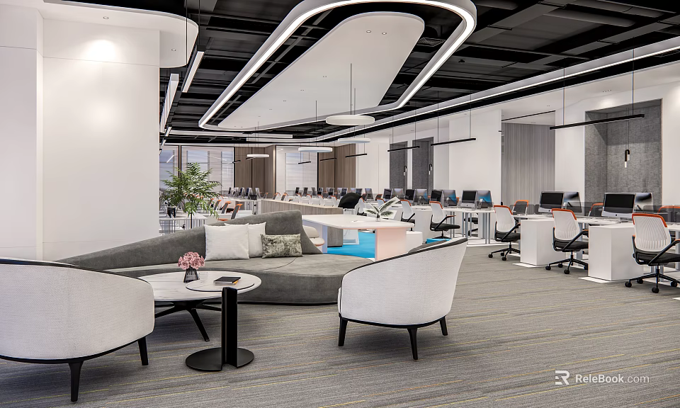 Modern Open Public Office Space With Sofa Round Tables Work Desks And Green Plants 3d model 