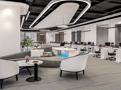 Modern Open Public Office Space With Sofa Round Tables Work Desks And Green Plants 3d model