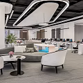 Modern Open Public Office Space With Sofa Round Tables Work Desks And Green Plants