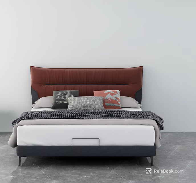 Modern Double Bed With Red Leather Headboard Dark Frame And Patterned Pillows 3d model
