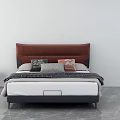 Modern Double Bed With Red Leather Headboard Dark Frame And Patterned Pillows 3d model