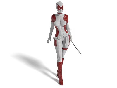 Female Game and Movie Warrior Character in Red and White Costume Holding Sword Action Stance 3d model
