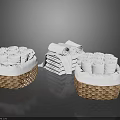 Neatly Rolled And Folded White Towels In Wicker Baskets For Bathroom Decor Essentials