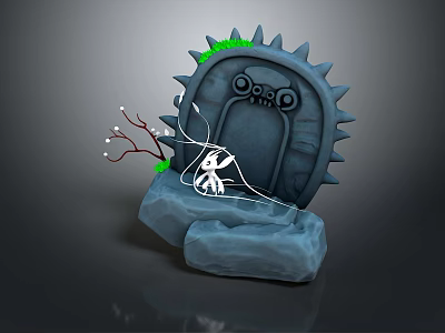 Spiked Gray Structure With Circular Eyes White Creature Red Branches Green Grass On Stone Pedestal 3d model