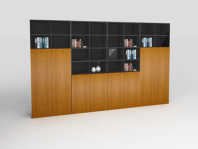 Modern Wooden Bookcase Featuring Black Shelves With Books And Decorative Ornaments 3d model