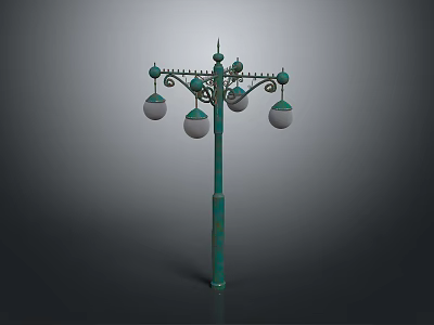 Green Decorative Street Lamp With Ornamental Top And Multiple White Lampshades 3d model