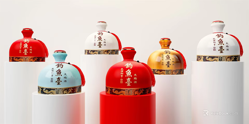 Colorful Traditional Chinese Wine Bottles And Glasses With Red Blue Gold Labels And Designs 3d model 