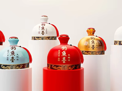 Colorful Traditional Chinese Wine Bottles And Glasses With Red Blue Gold Labels And Designs 3d model