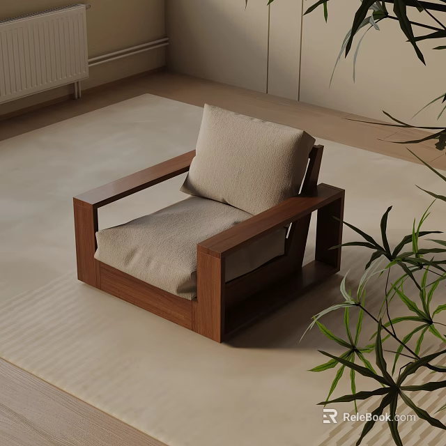 Modern Accent Chair With Wooden Frame Beige Cushion In Light Rug Interior And Green Plant 3d model 