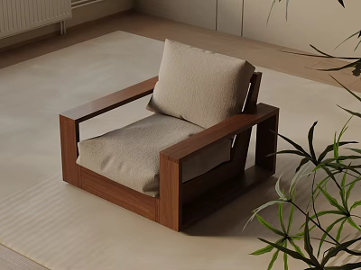 Modern Accent Chair With Wooden Frame Beige Cushion In Light Rug Interior And Green Plant 3d model