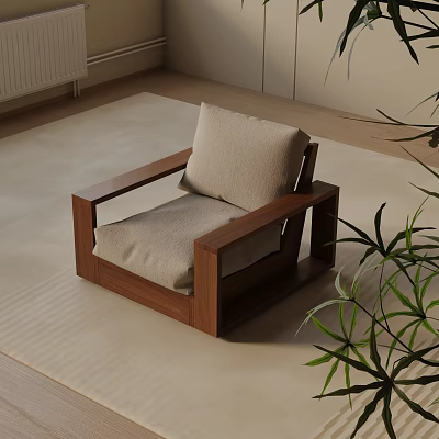 Modern Accent Chair With Wooden Frame Beige Cushion In Light Rug Interior And Green Plant 3d model