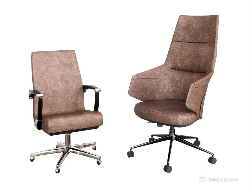 Two Modern Brown Fabric Office Chairs with Ergonomic Design and Metal Base Wheels 3d model 