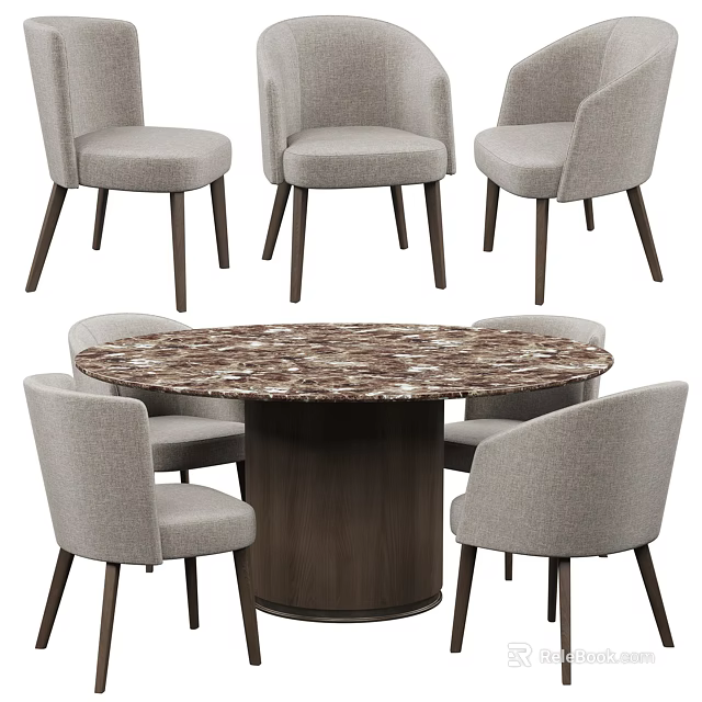 Modern Round Dining Table Set With Marble Top And Upholstered Chairs 3d model