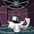Internet Cafe With Starry Ceiling Purple Walls Golden Lines White Irregular Countertop And Computers