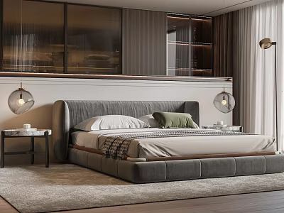 Elegant Modern Double Bed with Gray Headboard White Green Pillow Pendant Light and Curtain 3d model