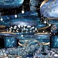 Elegant Banquet Hall With Starry Ceiling Blue Gold Decor And Hanging Lights