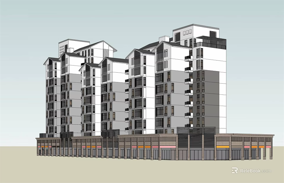 Modern Multi Story Residential Building Exterior With Ground Floor Commercial Shops And Windows 3d model 