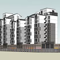 Modern Multi Story Residential Building Exterior With Ground Floor Commercial Shops And Windows