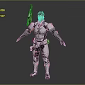 Futuristic Male Character in White Tech Armor with Orange Black Accents Holding Rifle