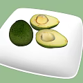 Fresh Green Avocado Whole and Halved with Pit on White Plate