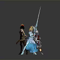 Two Women Characters in Dark Horned Outfit Holding Apple and Blue Attire Wielding Long Sword