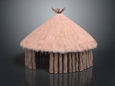 Traditional Thatched Hut With Conical Straw Roof And Wooden Pole Supports 3d model