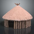 Traditional Thatched Hut With Conical Straw Roof And Wooden Pole Supports