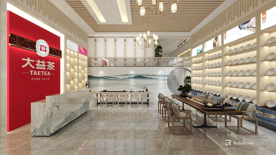 YITEA Tea Store Interior With Marble Counter Tea Sets Display Hanging Lights And Landscape Painting 3d model 