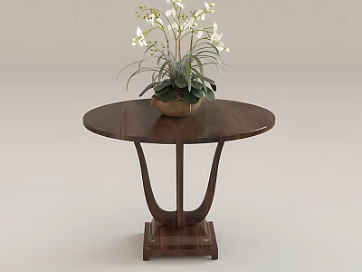Round Wooden Coffee Table With Potted White Flowers And Elegant Curved Legs 3d model