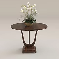 Round Wooden Coffee Table With Potted White Flowers And Elegant Curved Legs