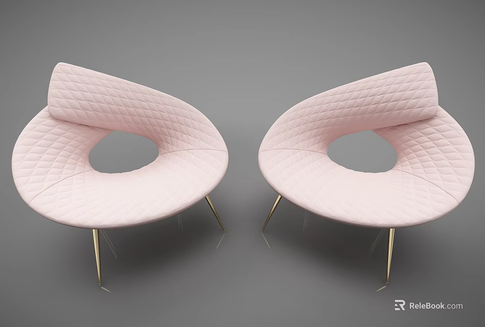 Pink Quilted Single Chair with Modern Curved Design and Gold Metal Legs 3d model 