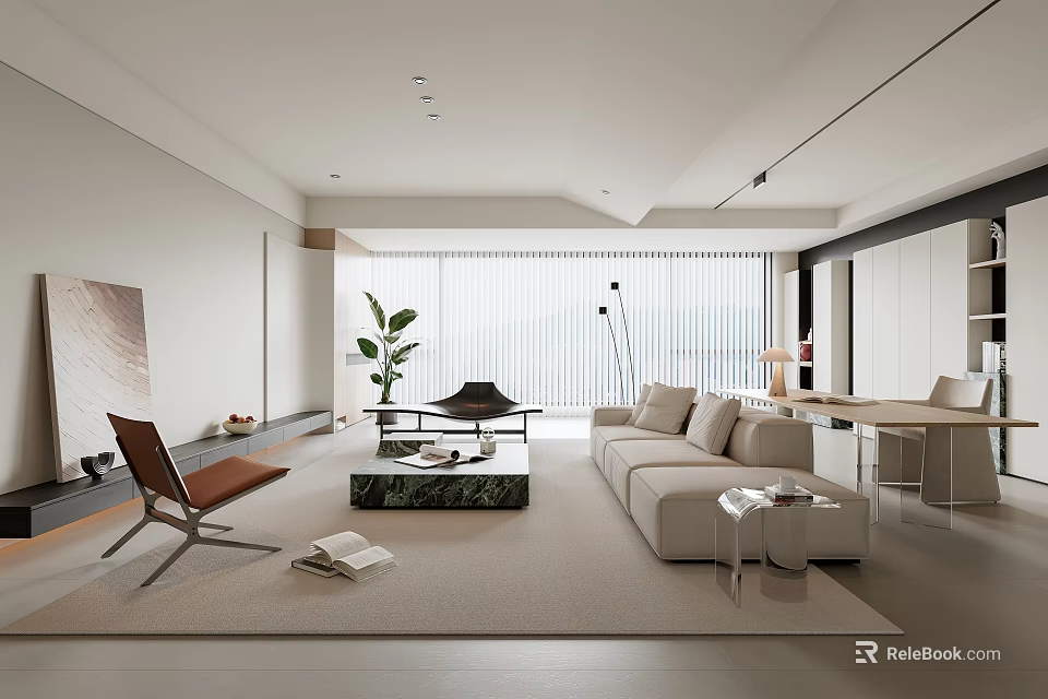 Modern Living Room Interior With Beige Sofa Marble Coffee Table Floor Lamp And Green Plant 3d model 