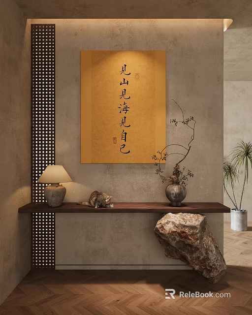 Zen Style Interior With Calligraphy Scroll Cat Table Lamp And Stone Decor 3d model