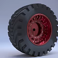 Heavy Duty Tire With Black Tread And Shiny Red Metallic Rim Design