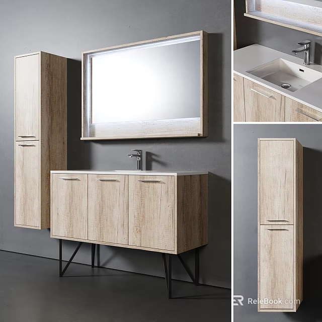 Modern Wooden Bathroom Vanity With Mirror Cabinet And Black Metal Legs 3d model 