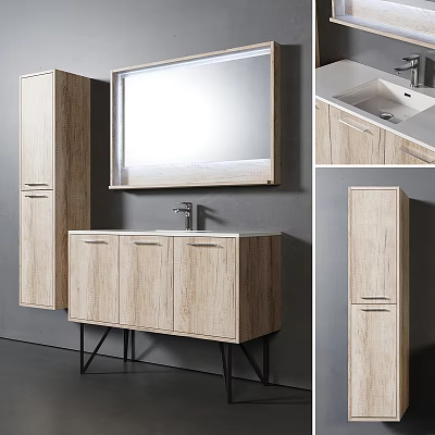 Modern Wooden Bathroom Vanity With Mirror Cabinet And Black Metal Legs 3d model