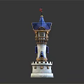 Ancient Architecture Tower with Blue Roof Red Flag White Walls and Decorative Design
