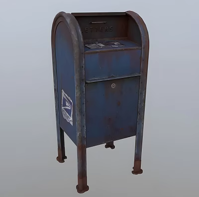 Vintage Blue Public Mailbox With Letters Sign Rusted Metal Stand And Legs 3d model
