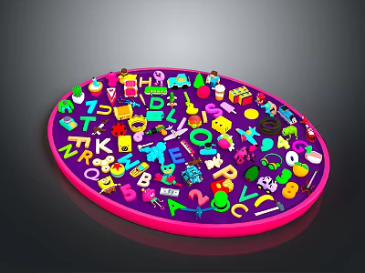 Colorful Letters Numbers And Playful Cartoon Characters On Purple Circular Tray 3d model