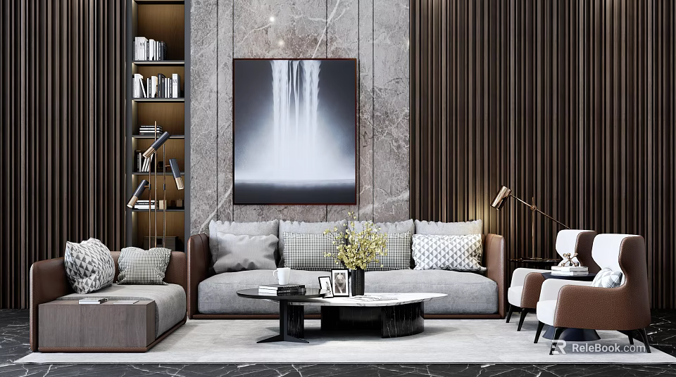 Modern Sofa Coffee Table Combination With Pillows Vase Flowers And Waterfall Painting On Marble Wall 3d model 