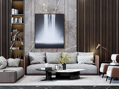 Modern Sofa Coffee Table Combination With Pillows Vase Flowers And Waterfall Painting On Marble Wall 3d model