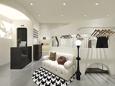 Modern Clothing Store Interior With White Sofa Geometric Rug Clothes Racks And Mirrors 3d model