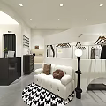 Modern Clothing Store Interior With White Sofa Geometric Rug Clothes Racks And Mirrors