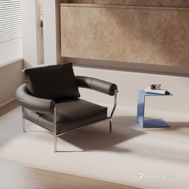 Modern Black Leather Leisure Chair with Metal Frame and Blue Side Table in Minimalist Interior 3d model 