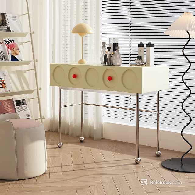 Elegant White Dressing Table With Circular Red Knobs Metal Legs And Cosmetics Lamp 3d model
